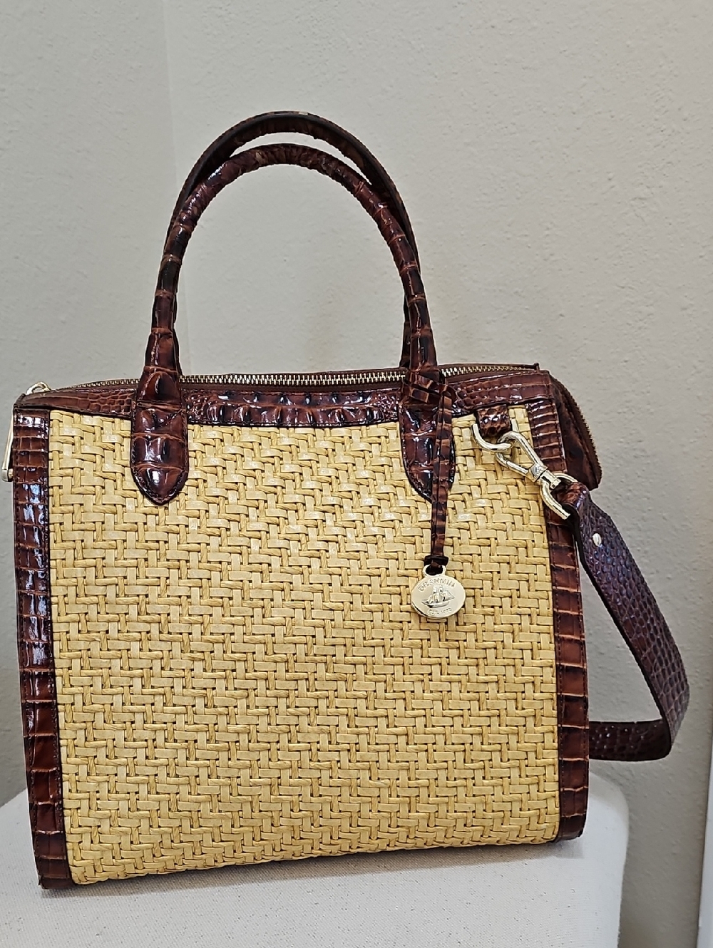 Brahmin Tan Straw Satchel with Brown Faux-Croc Trim